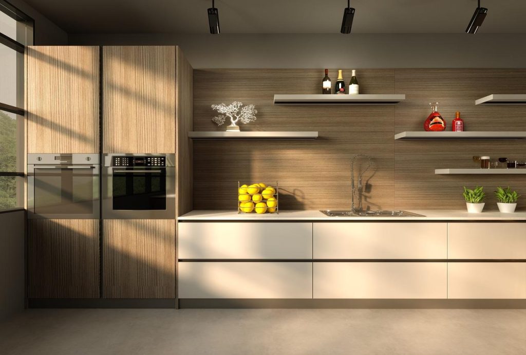 Moderne greeploze keuken met strakke lijnen, minimalistische design en push-to-open mechanismen voor een schone, gestroomlijn