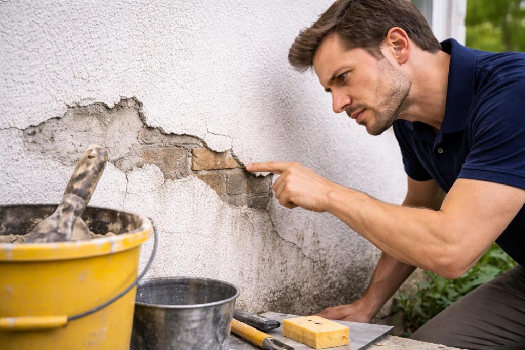 Beschadigde gevel met scheuren, afbladderend stucwerk en vochtplekken door invloed van vocht en temperatuur